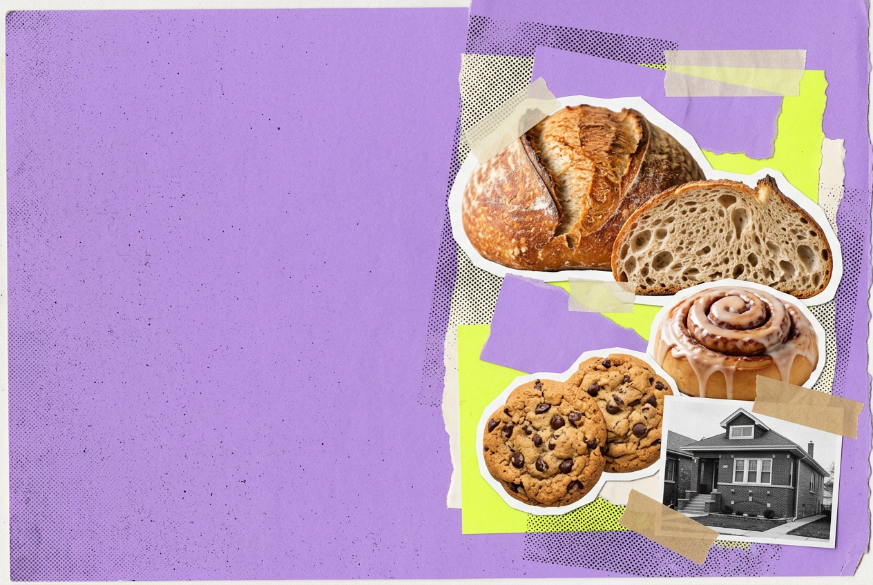 Magazine collage of sourdough, a cinnamon roll, cookies and a Chicago bungalow