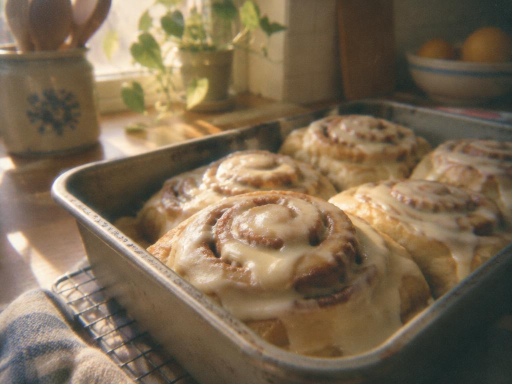 A pan of glazed cinnamon rolls in our kitchen